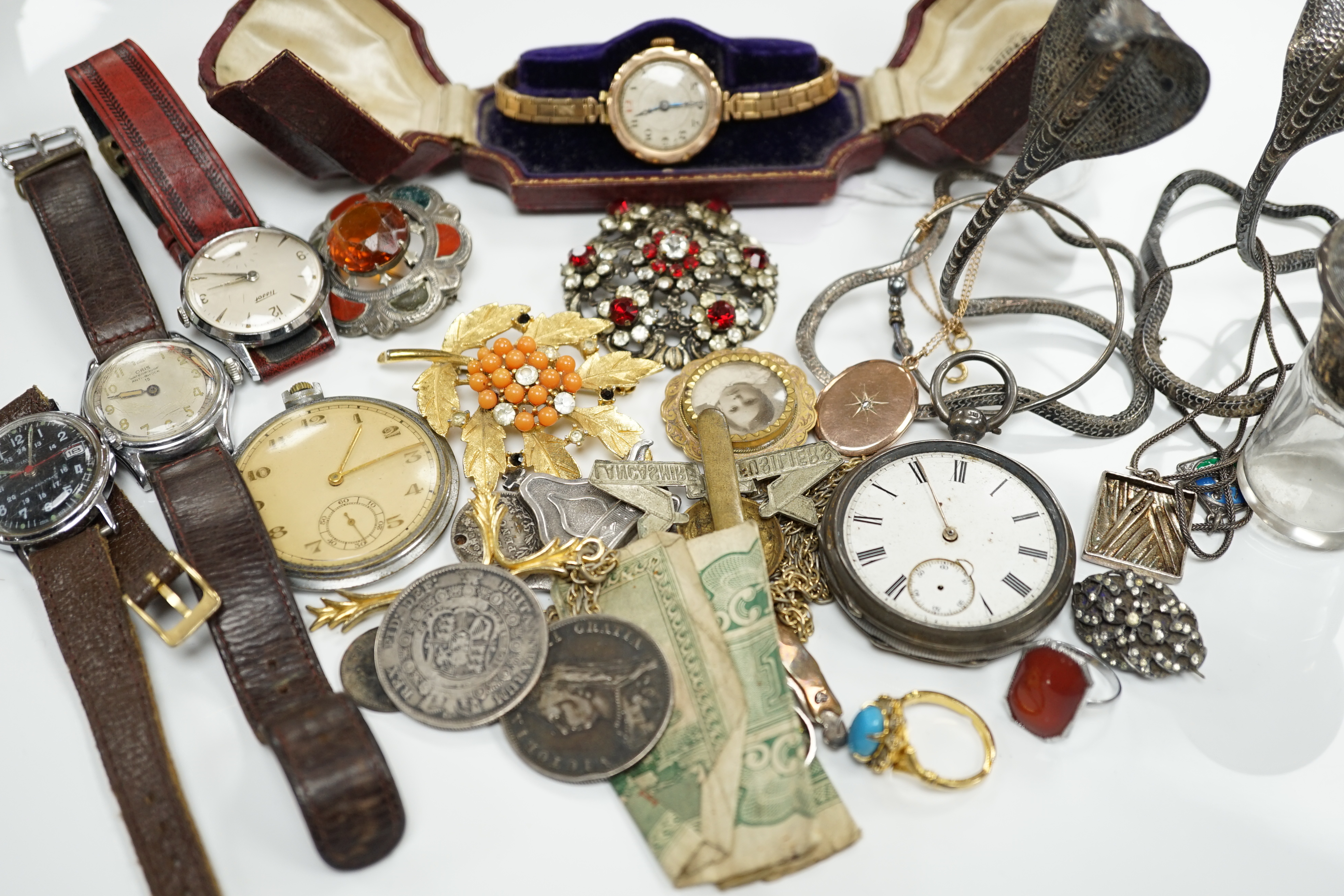 A quantity of assorted mainly costume and other jewellery and a lady's 9ct gold manual wind wrist watch, on a 9ct gold bracelet.